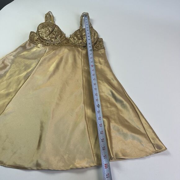 Victorias Secret Satin Lace Slip Mini Dress Chemise M Gold Cocquette Party Glam - Picture 8 of 12